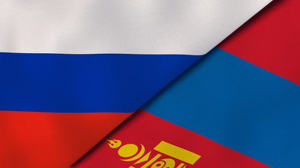The flags of Russia and Mongolia. News, reportage, business background. 3d illustration