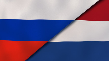 Fototapeta premium The flags of Russia and Netherlands. News, reportage, business background. 3d illustration