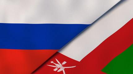 The flags of Russia and Oman. News, reportage, business background. 3d illustration