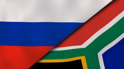 The flags of Russia and South Africa. News, reportage, business background. 3d illustration