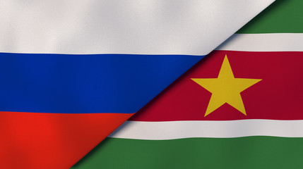 The flags of Russia and Suriname. News, reportage, business background. 3d illustration