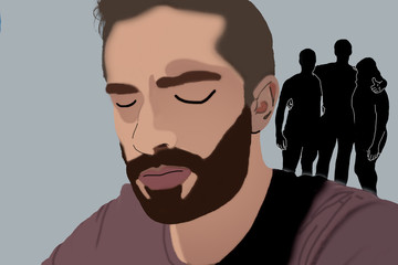 A close up of a cartoon man wearing a red shirt stuck in a state of grief missing his friends and human contact over the social distancing act caused by the covid virus sweeping the world