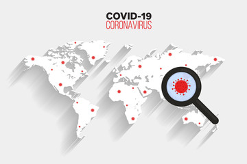 Spread of corona virus on the world map background, search virus icon, vector