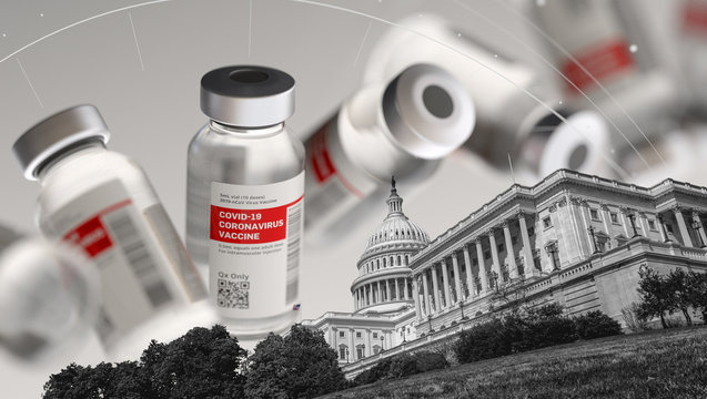 United States Capitol Building, Abstract COVID-19 Vaccine Concept, USA Coronavirus Pandemic Response Concept, Washington DC, USA, 3d Illustration