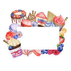 Watercolor Sweet deserts frame. Border with Cream, waffle, cake, cupcake, berries. Hand drawn delicious food illustration for menu, bakery logo, cards, poster, baner, design concept with copy space