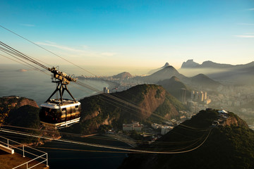 Sugarloaf Mountain with cable car and viewpoint to Copacabana beach in Rio de Janeiro, Brazil.