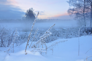 Meadow after the snowfall at sunset time.
