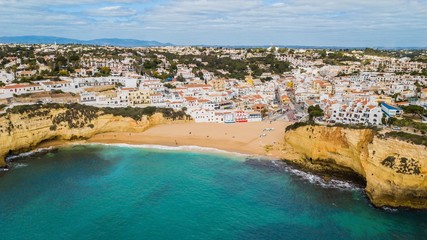 Aerial view of Carvoeiro beach. Beautiful beach in the Algarve, Portugal