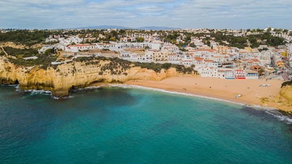 Aerial view of Carvoeiro beach. Beautiful beach in the Algarve, Portugal