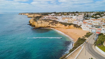 Aerial view of Carvoeiro beach. Beautiful beach in the Algarve, Portugal