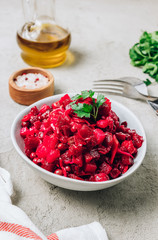 Beet salad. Russian beetroot salad with beetroot, potato, carrot, pea and oil dressing