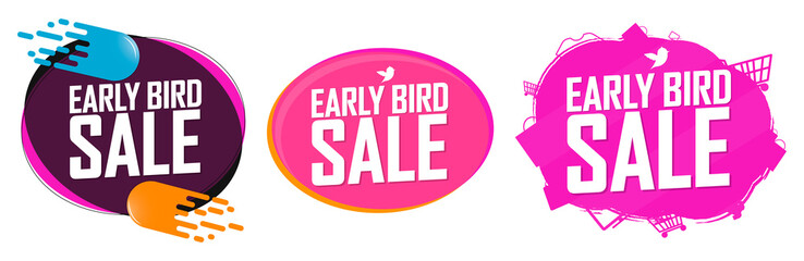 Set Early Bird Sale banners, discount tags design template, vector illustration