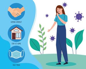coronavirus 2019 ncov infographic and woman with coughing and icons vector illustration design