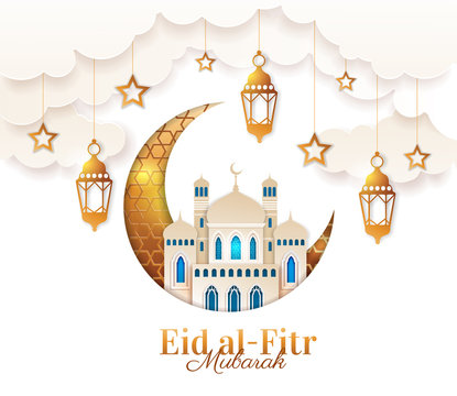Gold and blue Eid al Fitr card design to celebrate the Festival of Breaking the Fast marking the end of the holy month of Ramadan, vector illustration