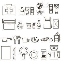 Camping equipment.2　vector
キャンプ用品・２　調理用品　虫除け　救急セットなど