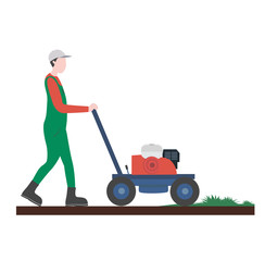 Guy mowing grass. Flat vector illustration. artificial turf. green grass. Grass, lawn and lawn mower. Vector illustration. White background