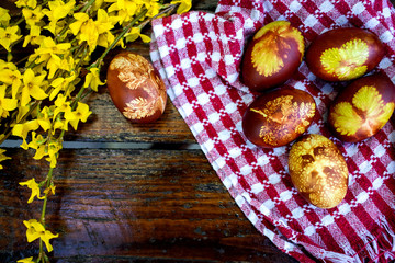 traditional Easter eggs in basket painted by boiling in red onion leaves - organic food