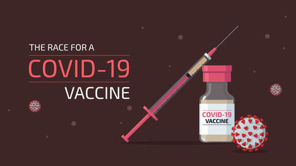 Detailed flat vector illustration of a needle and bottle containing vaccine for COVID-19, with SARS-CoV-2 viruses floating around in the air. Feel free to also use only parts of the illustration.