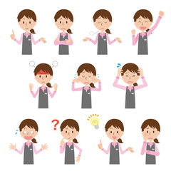 女性　受付　事務員　事務職　店員　感情　ポーズ　セット