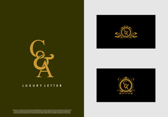 CA logo initial vector mark. Gold color elegant classical symmetric curves decor.