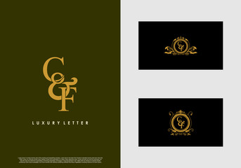 CF logo initial vector mark. Gold color elegant classical symmetric curves decor.