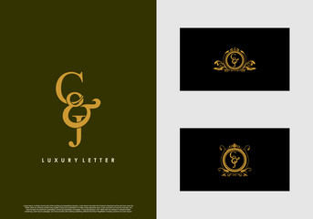 CJ logo initial vector mark. Gold color elegant classical symmetric curves decor.