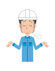 男性　上半身　溜息　作業員　作業服　落ち込む　表情　ポーズ　お手上げ　あきらめる