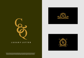 CQ logo initial vector mark. Gold color elegant classical symmetric curves decor.