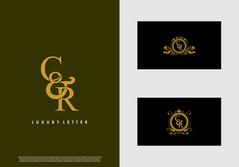 CR logo initial vector mark. Gold color elegant classical symmetric curves decor.