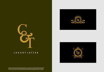 CT logo initial vector mark. Gold color elegant classical symmetric curves decor.