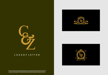 CZ logo initial vector mark. Gold color elegant classical symmetric curves decor.
