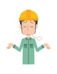 男性　上半身　溜息　作業員　作業服　落ち込む　表情　ポーズ　お手上げ　あきらめる