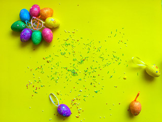 Colorfull eggs on color background symbolize joy and hippieness of great Easter Holiday.