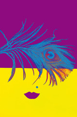 woman portrait, art object, peacock, peacock feather, mole on the face. red-yellow background