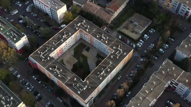 Topshot aerial view of suburb buildings, travelling forward, montpellier