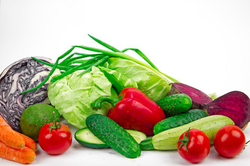 set of fresh vegetables on a white background, isolate, vitamin salad products, the concept of healthy proper diet vegetarian food, organic farm harvest, agriculture and organic food