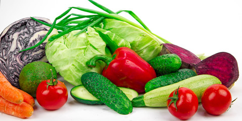 set of fresh vegetables on a white background, isolate, vitamin salad products, the concept of healthy proper diet vegetarian food, organic farm harvest, agriculture and organic food