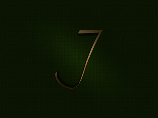 Sketch hand drawn gold letter J on green fabric background