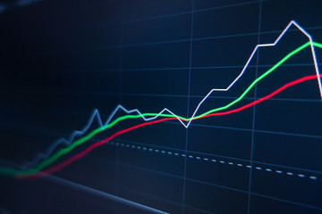 Stock market trading graph and candlestick chart on screen monitor background. Financial investment and economic concept.