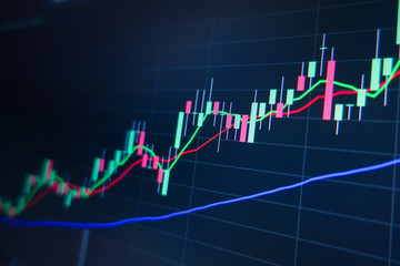 Stock market trading graph and candlestick chart on screen monitor background. Financial investment and economic concept.