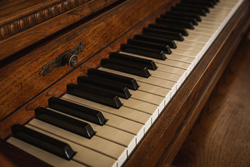 Close up of vintage piano keys.