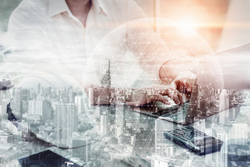 Construction Engineer Using Computer for Project Planning and Management, Double Exposure of...