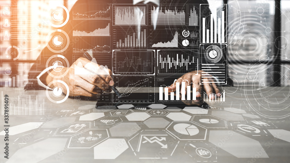 Poster data analysis for business and finance concept. graphic interface showing future computer technology