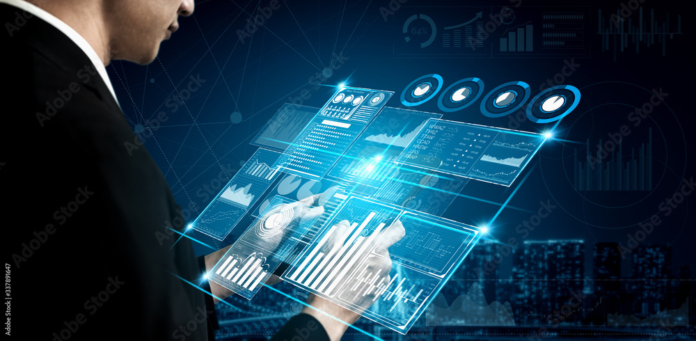 Poster big data technology for business finance analytic concept. modern graphic interface shows massive in