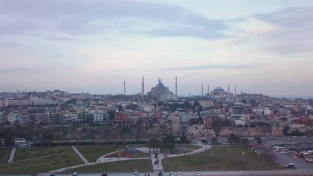 Istanbul Turkey. Twilight Aerial View of Sultan Ahmet and Hagia Sophia Mosque and Marmara Sea Waterfront