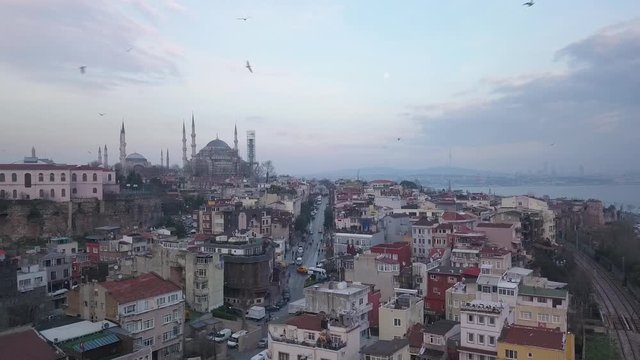 Aerial View of Istanbul in Twilight. Evening Street Traffic With Blue Mosque and Little Hagia Sophia Overview