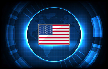 abstract background technology of united state of america (USA) flag, blue world map and user interface screen hud