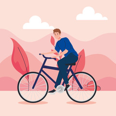 young man riding bicycle in landscape vector illustration design