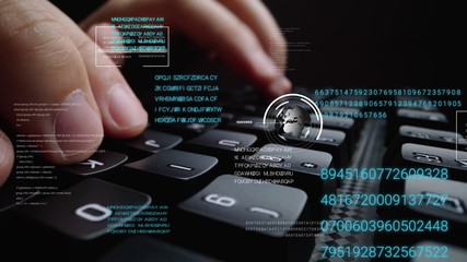 Man working on laptop computer keyboard with graphic user interface GUI hologram showing concepts...