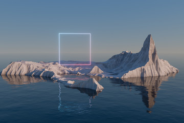 Neon square on the island of snow mountain on the sea, 3d rendering.